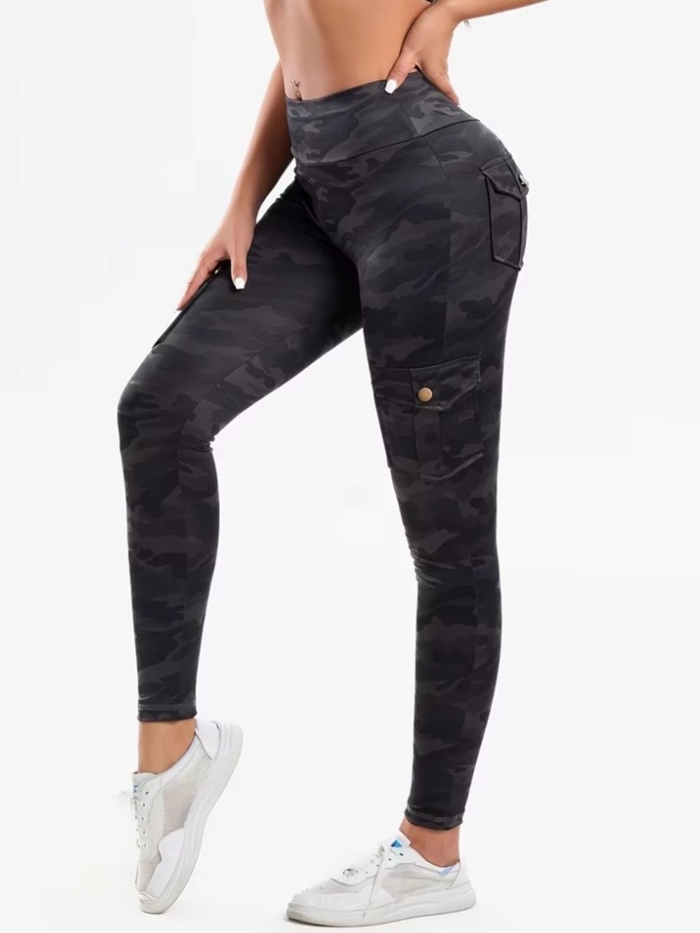 Grey Camouflage Leggings With Pockets, Brand New-Size Large